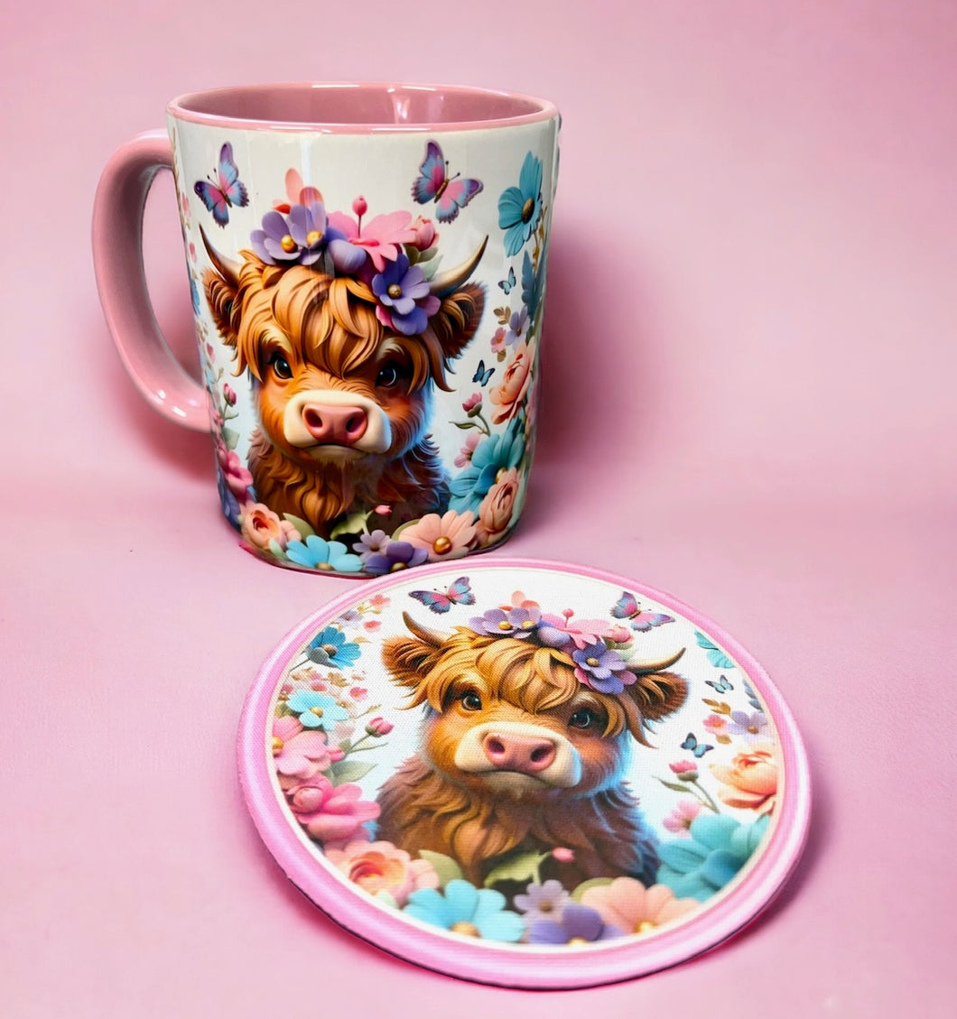 3D Highland Cow & Butterflies & Matching Coaster