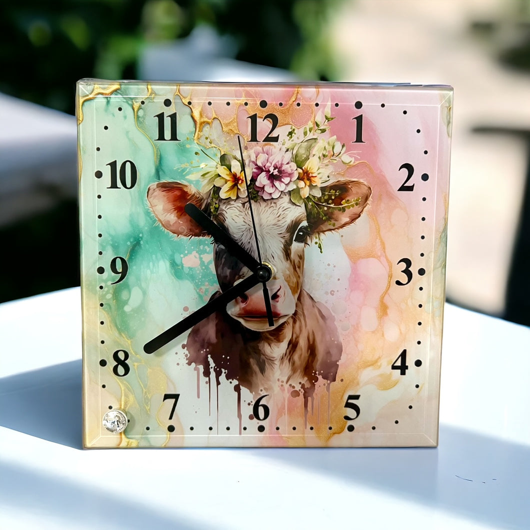Boho Cow - Glass Clock