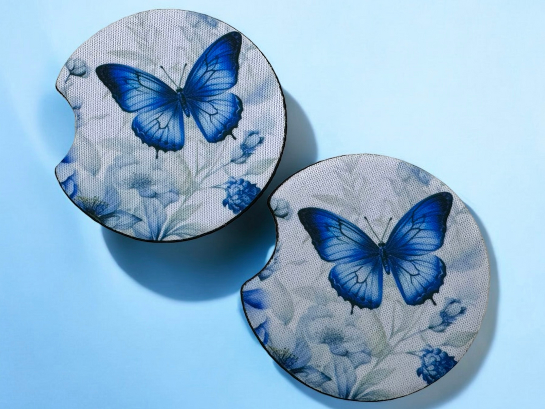 Butterfly with White & Blue Floral - Car Coasters