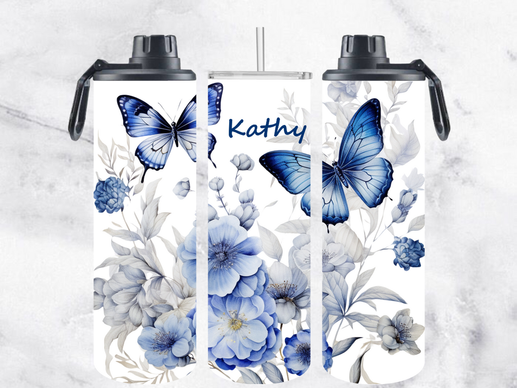 Butterfly with White & Blue Floral - Drink Bottle Tumbler