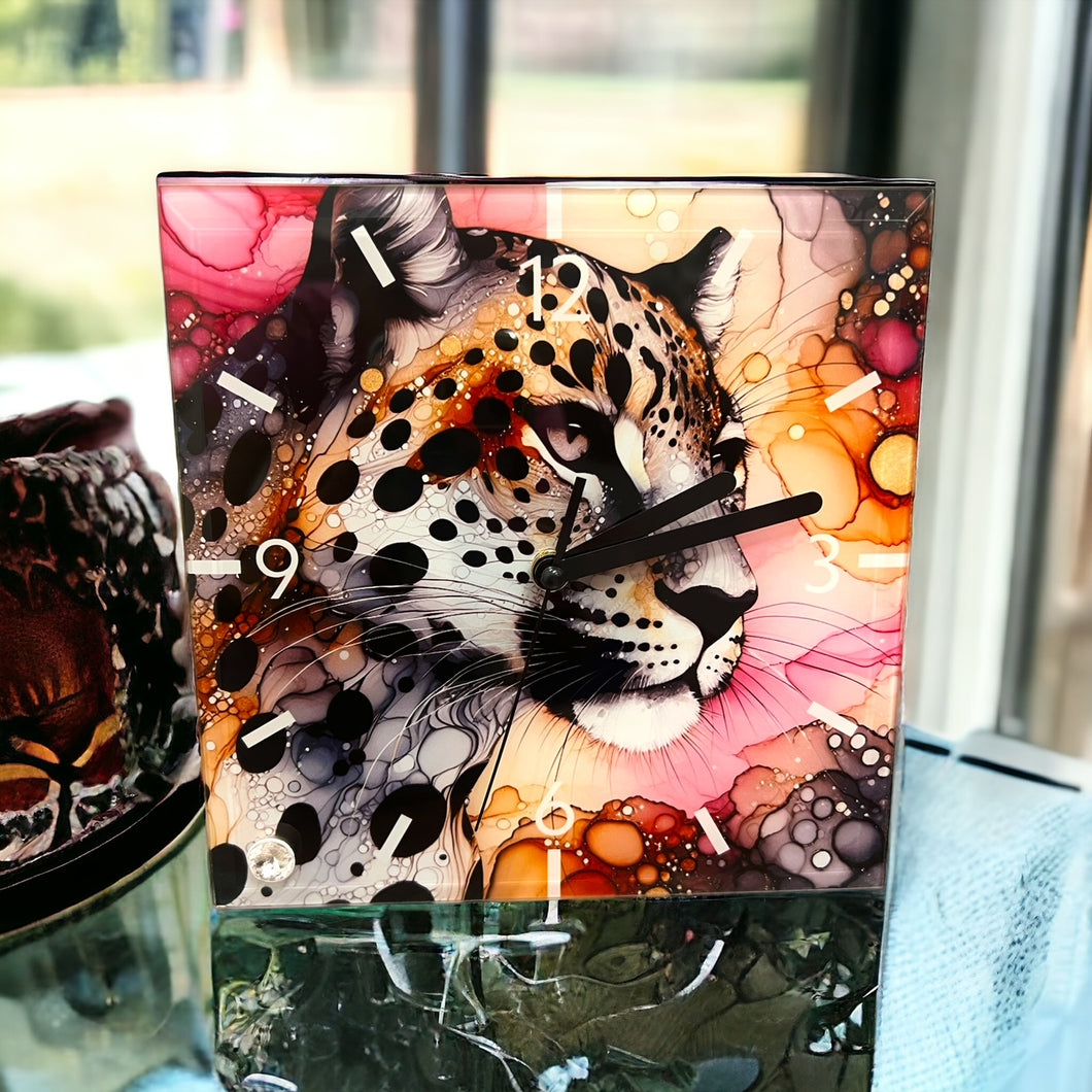Leopard with Ink Splash Background - Glass Clock