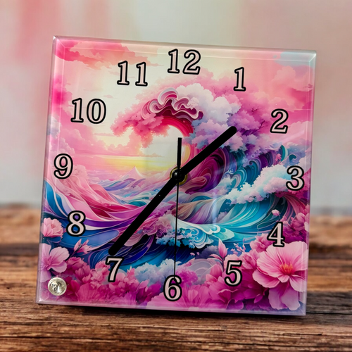 Pink Waves - Glass Clock