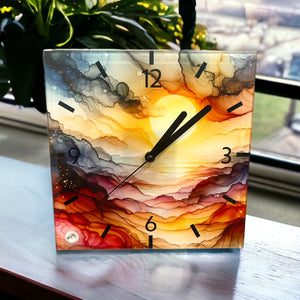 Sunset (Ink Splash) - Glass Clock