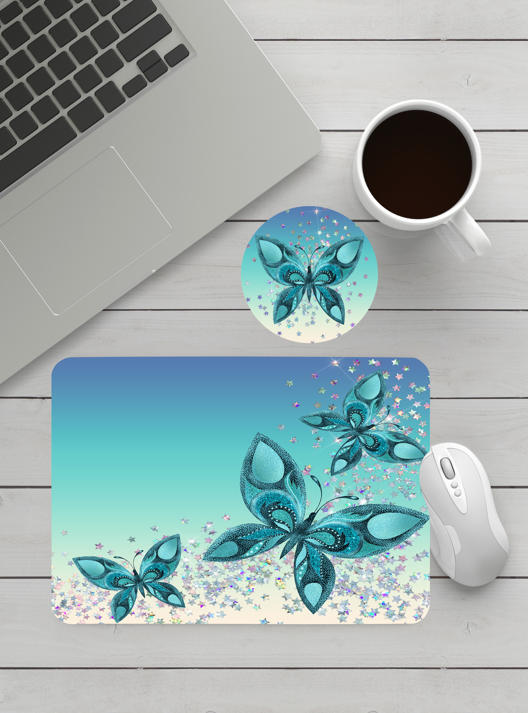 Teal Butterflies - Mouse Pad & Coaster