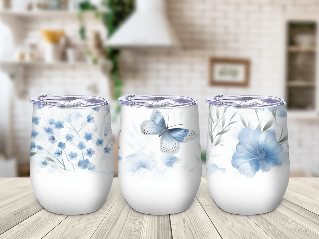 White Blue Flowers Butterfly Design